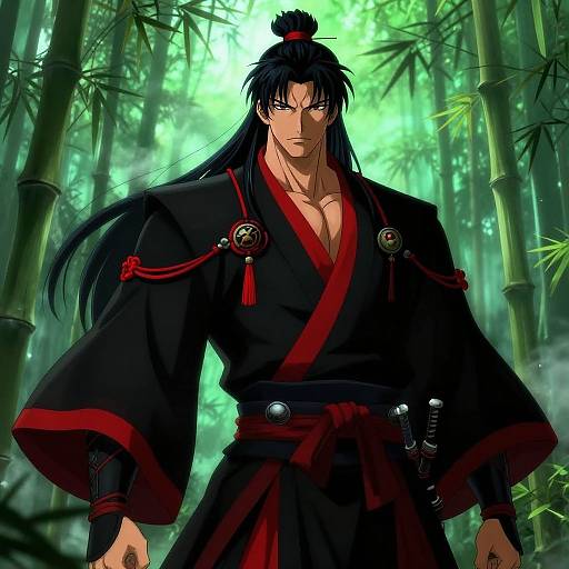 Anime-style digital illustration of a muscular, long-haired man with blue eyes, wearing a black kimono with red trim, standing in a luminous bamboo