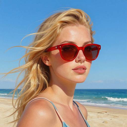 Blonde woman with wind-swept hair, wearing large red sunglasses, blue bikini top, on sunny beach with clear blue sky and ocean. Phot
