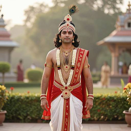 Photograph of a muscular Indian man with dark hair, wearing traditional red and white attire, gold jewelry, and a peacock feather headpiece, standing