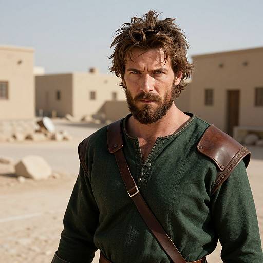 Photograph of a rugged, bearded man with messy brown hair, wearing a dark green shirt and brown leather shoulder strap, standing in a sunlit