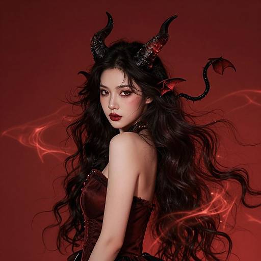 Digital illustration of a seductive demon woman with long, wavy black hair, red eyes, dark red lips, black horns, and a red cor