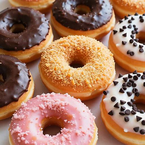 Colorful close-up photograph of nine assorted donuts: chocolate glazed, pink sugar-coated, white with black sprinkles, and golden crumb-t