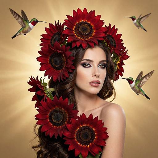 Surreal Woman with Red Sunflowers