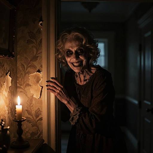 Creepy Old Lady in Gothic Hallway