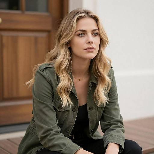 Blonde Woman in Green Jacket Sitting Outdoors