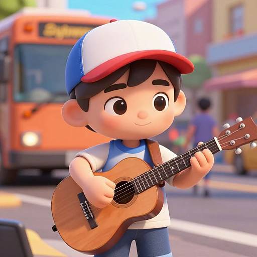 Pixar-Style Boy Busking with Guitar