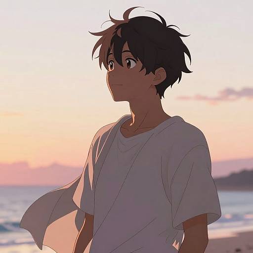 Anime-style digital drawing of a young boy with messy black hair, wearing a white shirt, standing on a beach at sunset. Soft pastel sky,