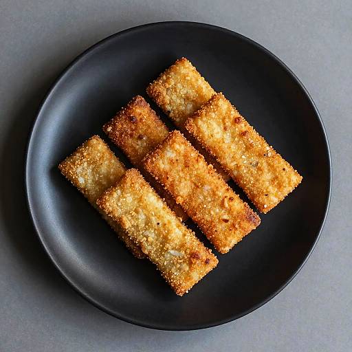 Photograph of four golden-brown, crispy rectangular breaded snacks on a matte black plate, against a gray textured background.