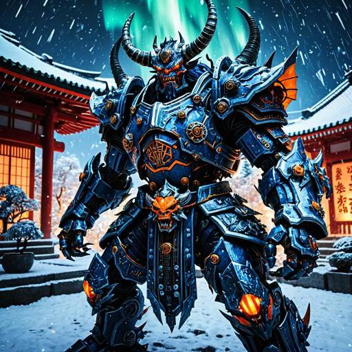 Ice-Armored Mechanized Oni Demon in Cyber-Japan Armor