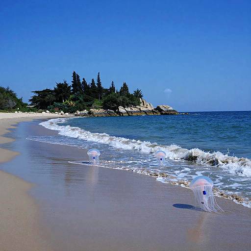 Van Gogh Style Island Beach with Robotic Jellyfish