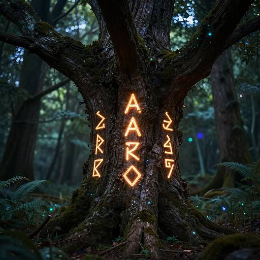 Photograph of a dark forest tree with glowing orange letters 