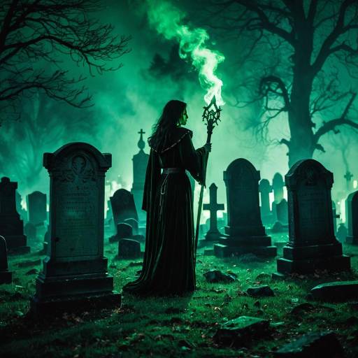 Mystical Sorceress in Foggy Graveyard
