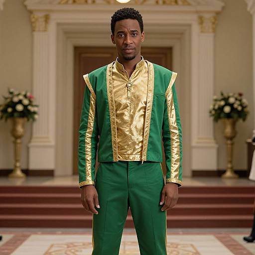 Photograph of a Black man with short curly hair, wearing a green and gold embroidered jacket and pants, standing in a grand, ornate room with