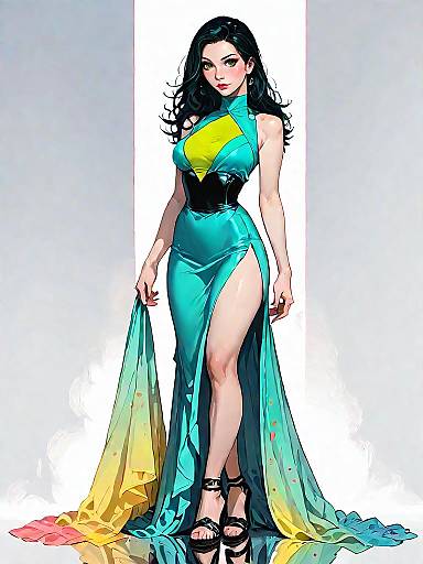 Elegant Woman in Flowing Emerald Green Maxi Dress