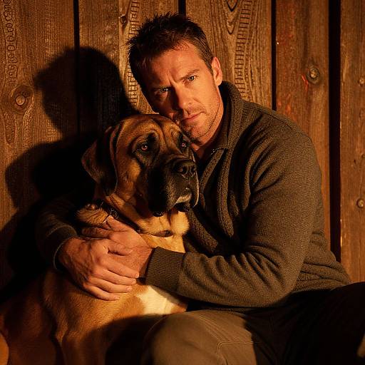 Photograph of a man with short dark hair, wearing a gray sweater, hugging a large, brown mastiff dog against a wooden background, illuminated