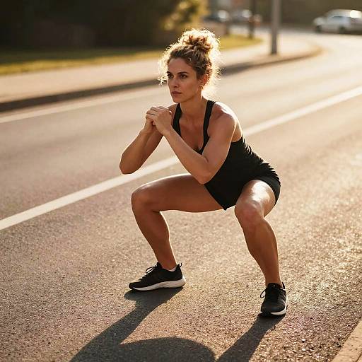Determined Woman Squatting on Sunlit Road