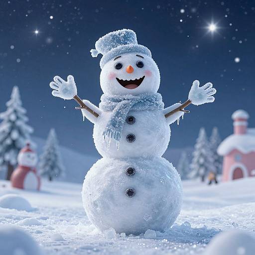Photograph of a cheerful snowman with a blue hat, scarf, and black buttons, arms raised, standing in a snowy night landscape with stars and