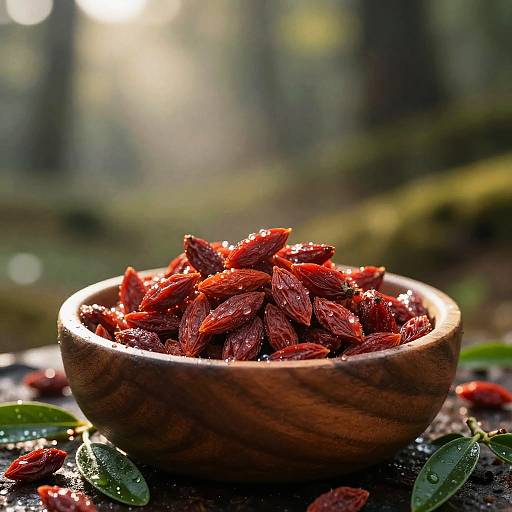 Glowing Goji Berries in Rustic Bowl