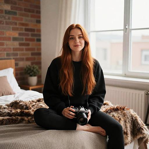 Photograph of a redheaded woman with long hair, wearing a black sweater and jeans, sitting on a bed with a fur blanket, holding a camera