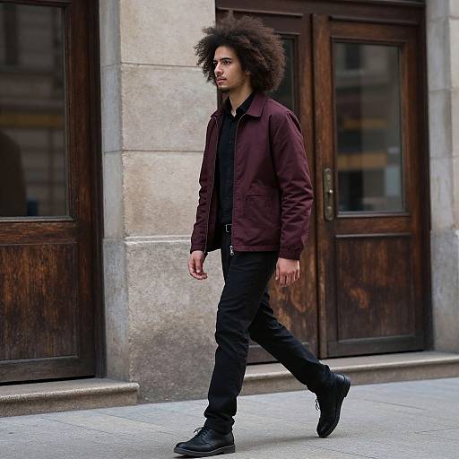 Photograph of a young man with curly dark hair, wearing a maroon jacket, black shirt, jeans, and black boots, walking past a stone
