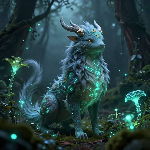 Digital artwork of a glowing, mythical wolf-like creature with blue fur, neon markings, and horns, sitting in a mystical, bioluminescent forest