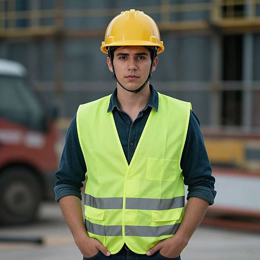 Photograph of a young man in a yellow hard hat and bright neon vest, standing confidently on a construction site.