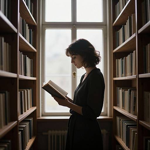 Photograph of a curly-haired woman in a dark dress, reading a book in a dimly lit library aisle with tall wooden shelves flanking her,