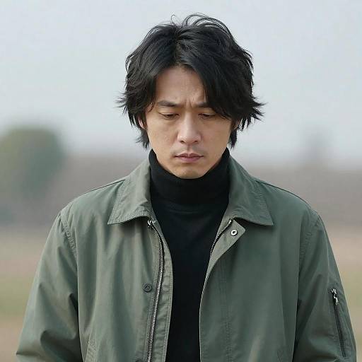 Solemn Asian Man in Green Jacket
