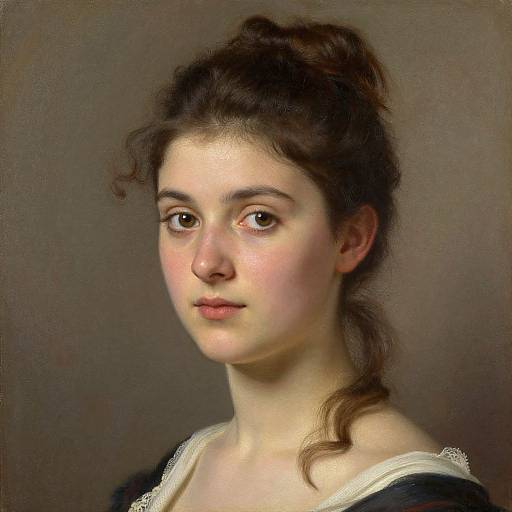 Photorealistic digital painting of a young, fair-skinned woman with brown hair in a loose bun, brown eyes, and subtle smile, wearing a