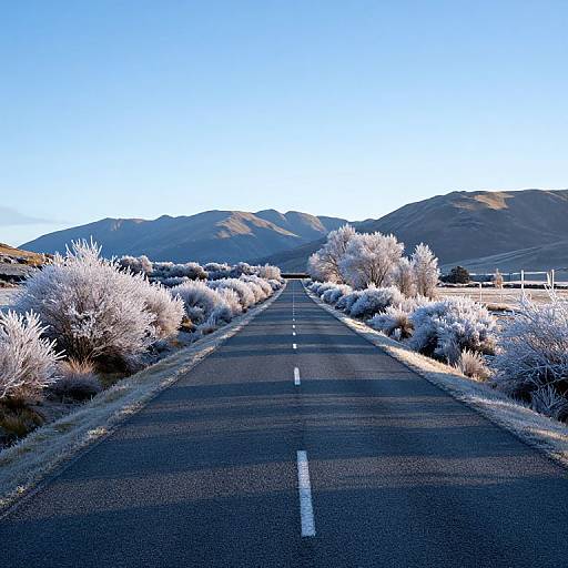Photograph of a frost-covered desert road stretching into mountainous horizon, with clear blue sky, white road lines, and frosty bushes flanking both