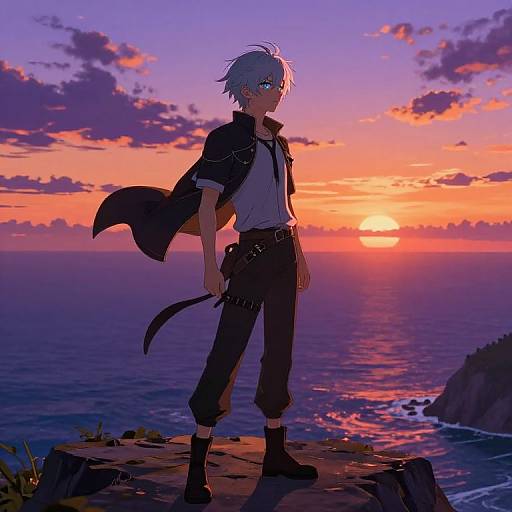 Digital anime-style drawing of a silhouetted, blue-eyed character with white hair, black jacket, and pants, holding a scythe, standing