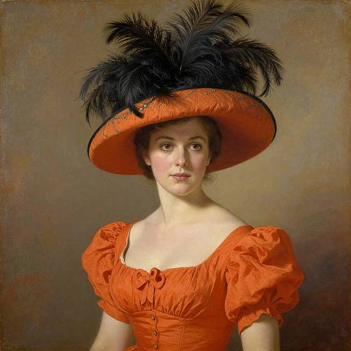 Portrait of a young woman in an orange dress with puffed sleeves and a large black feathered hat, set against a brown background. Classical 19