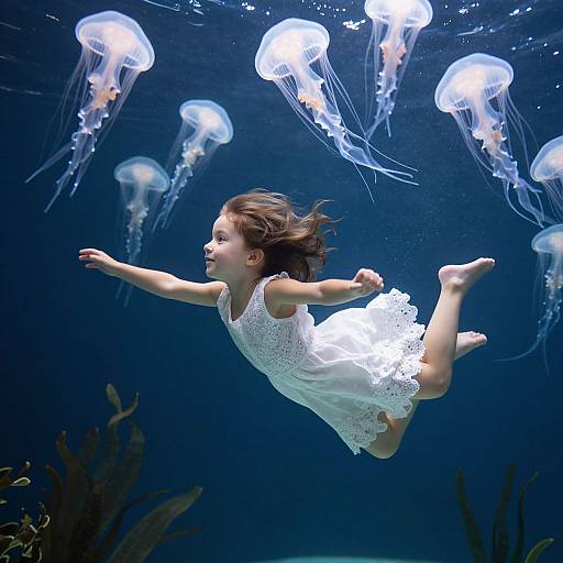 Photograph of a young girl in a white lace dress, underwater, floating among glowing jellyfish with outstretched arms and legs.