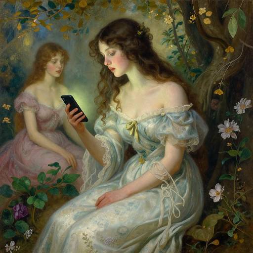 Romantic digital painting of two fair-skinned, curly-haired women in pastel dresses, surrounded by flowers, one holding a smartphone. Enchanted