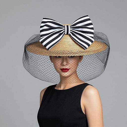 Photograph of a woman with fair skin, red lipstick, black sleeveless dress, large black-and-white striped bow hat, and netted veil.