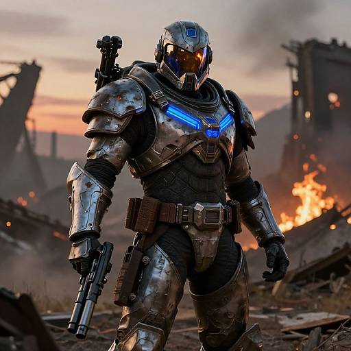 Photorealistic CGI of a futuristic, armored soldier with glowing blue chest emblem, holding a gun, standing in a burning, ruined cityscape.