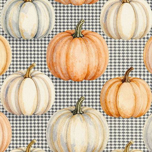 Watercolor-style illustration of orange and white pumpkins on a black-and-white checkered background, creating a festive, autumnal pattern.