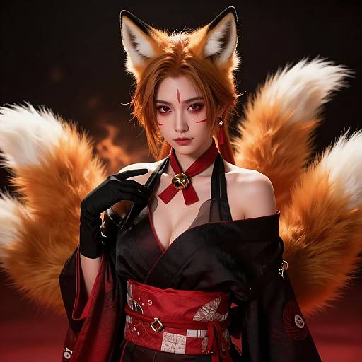 Digital artwork of a red-haired, fox-eared woman with multiple fox tails, wearing black and red kimono, gloves, and red ribbon, against