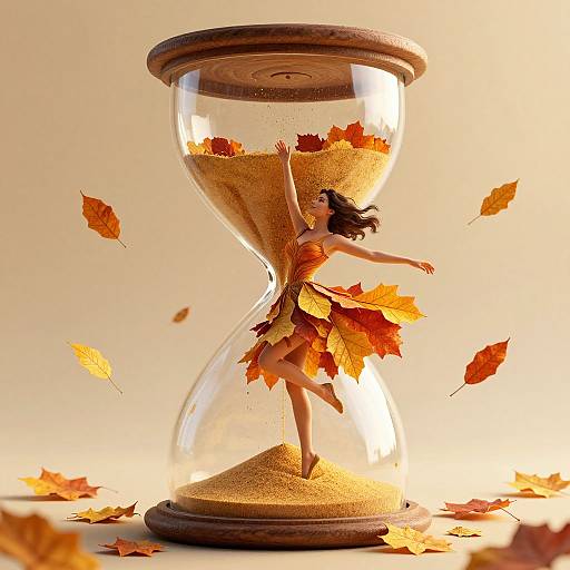 Photograph of a glass hourglass with a small, brown-haired fairy in an autumn leaf dress, surrounded by floating leaves.