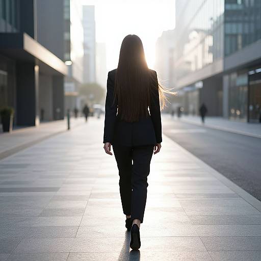 Photograph of a woman in a black business suit, long brown hair, walking away from the camera on a sunlit urban street. Bright sunlight creates