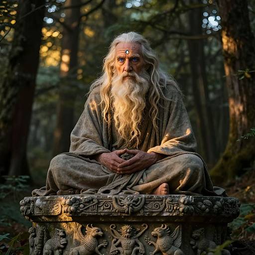 Photograph of an elderly, white-haired wizard with long beard, blue eyes, wearing tattered robe, sitting on ornate stone pedestal in dimly