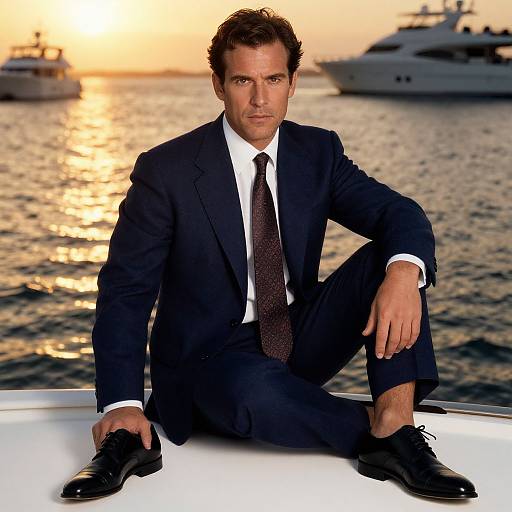Photograph of a suave, dark-haired man in a navy suit, white shirt, and dark tie, sitting on a yacht's deck at sunset