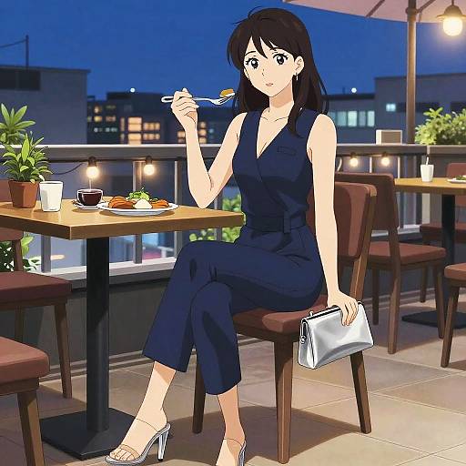 Stylish Woman Dining on Rooftop at Night