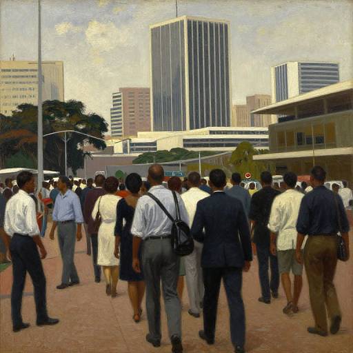 Photograph-style painting of a diverse group of men and women in business attire walking toward modern skyscrapers in an urban setting.