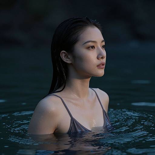 Photograph of an East Asian woman with wet, dark hair, wearing a soaked, thin-strapped top, gazing into the dark, calm water