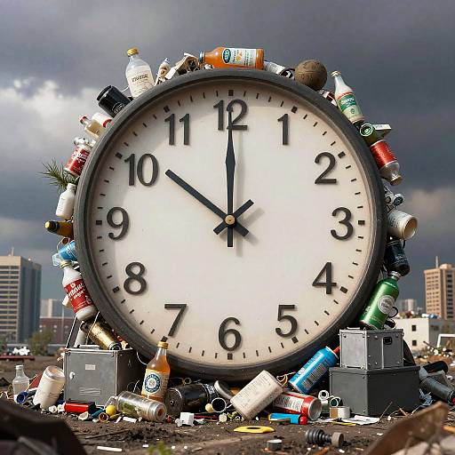 Photograph of a large, round clock face surrounded by various alcohol bottles and debris, set against a stormy, cityscape background.