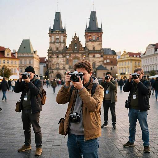 Photograph of four photographers with cameras, in winter clothes, taking photos of Prague's Old Town Square with its iconic clock towers in the background.