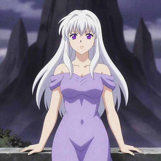 Anime Girl with White Hair in Lavender Dress