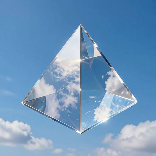 Photograph of a transparent, reflective triangular prism floating in a clear blue sky with scattered white clouds.