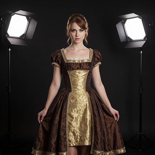 Photograph of a fair-skinned woman with brown hair in an ornate brown and gold Renaissance-style dress, standing against a black backdrop with two bright